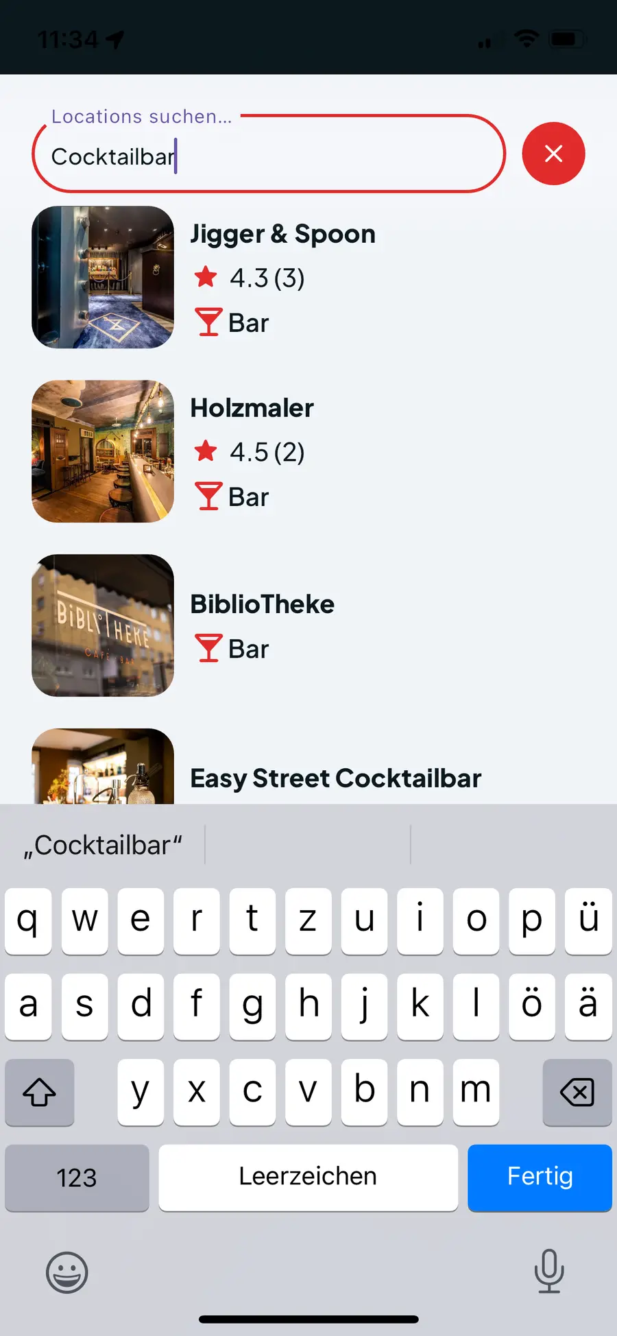 Suche nach Locations in der Osake App